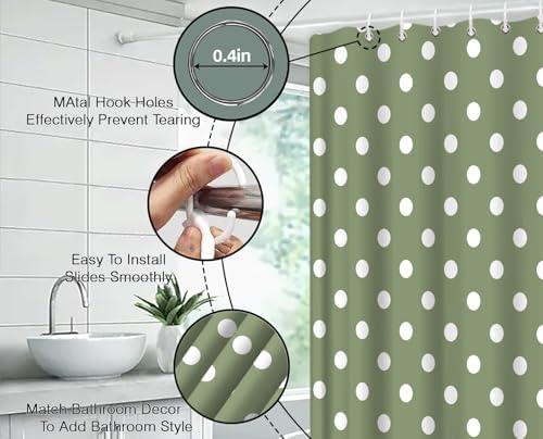 Polka Dot Shower Curtain Sage Green White Retro Spot Vintage Fabric Decorative Bathroom Curtains with Hooks,67" Wx70 H