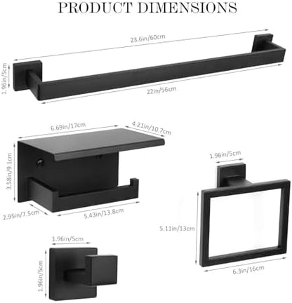 5 Pieces Black Towel Bar Set Bathroom Hardware Accessories Set Upgraded Toilet Paper Holder with Shelf Towel Holder Set for Bathroom Stainless Steel Wall Mounted