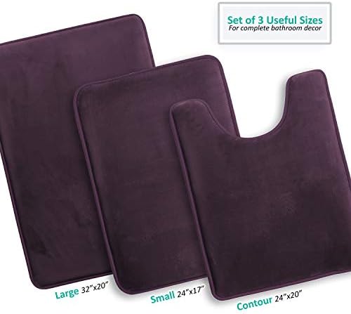 Clara Clark 3 Piece Bathroom Rugs Bath Mat Set, Velvet Memory Foam Bath Mats for Bathroom - Non-Slip, PVC Backing Bath Rugs, Washable - Dries Quickly, Purple