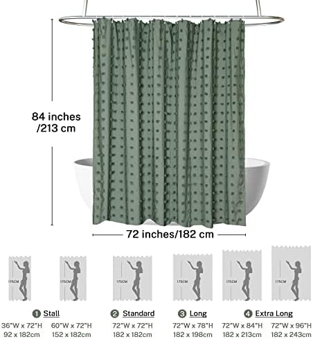 Extra Long Green Boho Shower Curtain Woven Fabric Cute 84 Inch Shower Curtain, 72 x 84 Tufted Pleat Floral Puffs Textured Modern Farmhouse Minimalist Shower Curtain Set with Hooks for Bathroom