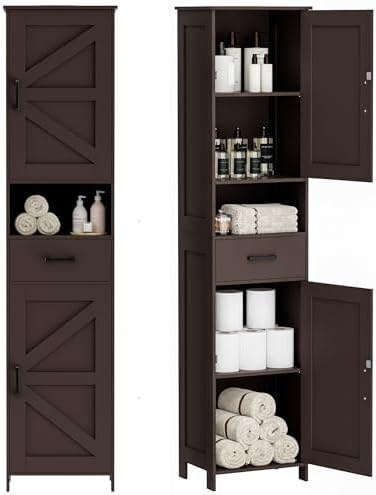 Homhedy 67" H Tall Bathroom Storage Cabinet with Barn Doors and Drawer