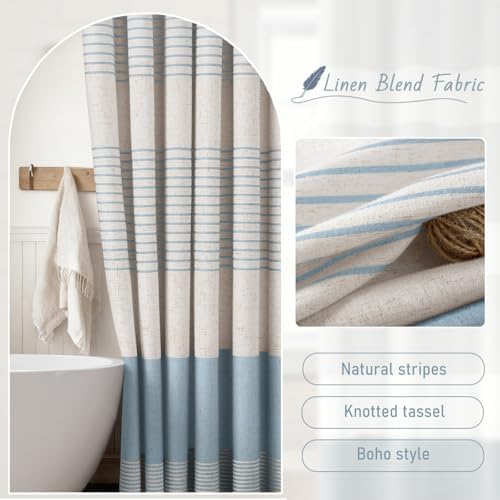 Aqua Blue Coastal Ocean Linen Striped Shower Curtain with Tassel 72W X 72L
