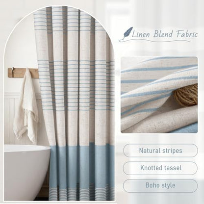 Aqua Blue Coastal Ocean Linen Striped Shower Curtain with Tassel 72W X 72L