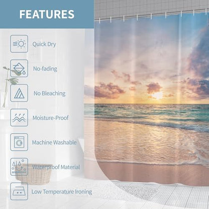 Ocean Beach Coastal Sea Scene Shower Curtain for Bathroom 72W*72H Inch Seaside Nautical Summer Sunset Sunrise Beachy Bathtub Decor Waves Seacoast Hawaiian Aesthetic Waterproof Polyester Fabric