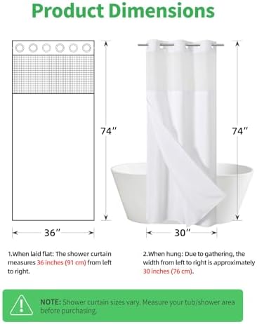 eachope No Hook Linen Texture Shower Curtain with Snap-in Liner,36x74 White