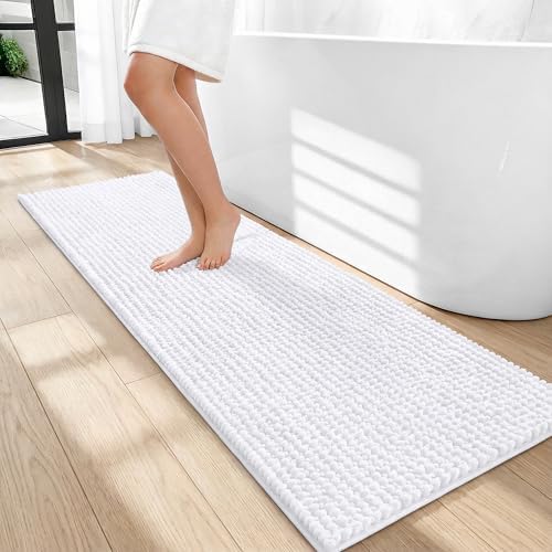 OLANLY Thick Chenille Bathroom Runner Rugs 47x17, Absorbent Bath Mat, White