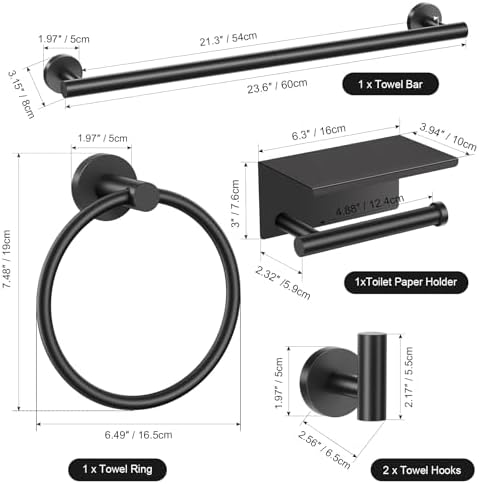 TURS Matte Black 5-Piece Bathroom Hardware Set Towel Bar Set SUS304 Stainless Steel Towel Racks for Bathroom Wall Mounted, 23.6-Inch