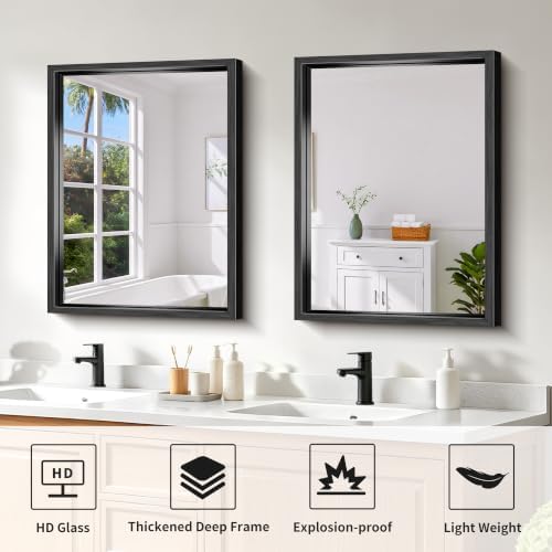 Bathroom Mirror, 18 x 24 inch Brushed Black Metal Frame Rectangular Vanity Mirror, Wall Mounted Rectangle Mirror for Bedroom Living Room, Tempered Glass, Antirust, Horizontally or Vertically