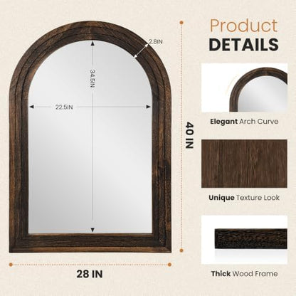 Arched Bathroom Mirror, 40"x28" Brown Wood Frame Wall Mirror