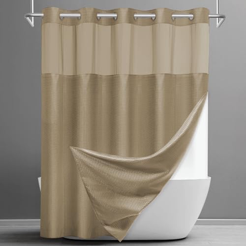 SORTTO No Hook Waffle Shower Curtain with Snap in Liner Set, 71x74, Beige