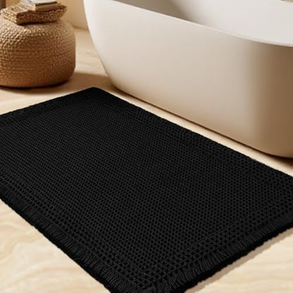 Upgrade Waffle Bath Mat, Boho Bathroom Rugs Absorbent Non Slip, Ultra Soft Bathroom Mat, Machine Washable Knit Bath Rugs with Border for Bathroom, Bedroom, Kitchen, Shower, Tub, 36"x24", Black