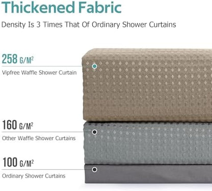 Vipfree 3 in 1 Shower Curtain Set, Waffle Shower Curtain and Liner Set with 12 Double Sided Shower Curtain Hooks, 258GSM Luxury Weighted Cloth Shower Curtains for Bathroom, 72 W x 84 H, Beige
