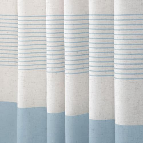 Aqua Blue Coastal Ocean Linen Striped Shower Curtain with Tassel 72W X 72L