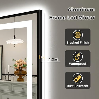 44x36 Inch LED Bathroom Mirror with Black Frame, Backlit & Front Lit