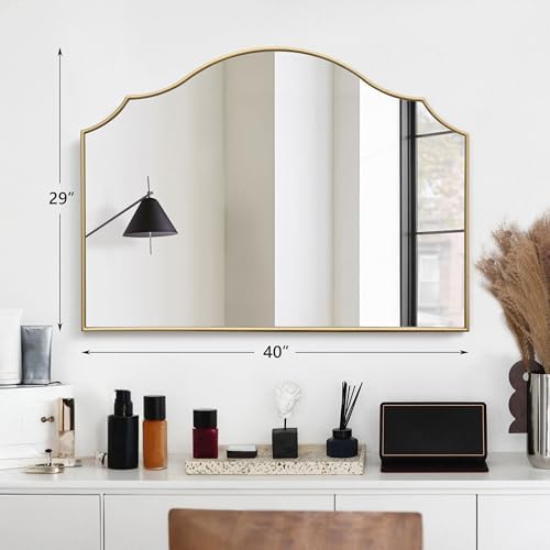 Besdomus Gold Scalloped Wall Mirror: 40"x29" Large Wooden Bathroom Mirror
