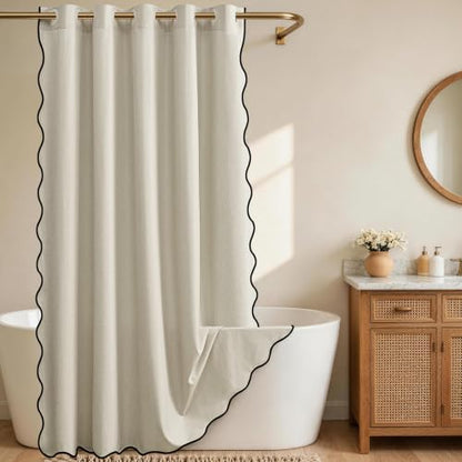 Furlinic Ivory Scalloped Shower Curtain Fabric Waterproof Farmhouse W78xH75