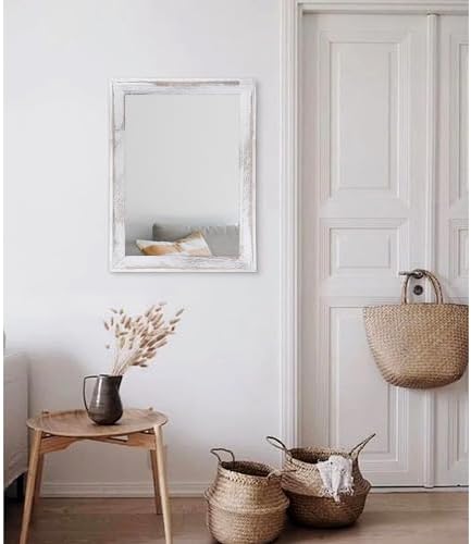 AAZZKANG Mirrors for Wall Rustic Wood Framed Hanging Mirror 20"x16" Decorative for Farmhouse Bedroom Bathroom Living Room Entryway Hallway White