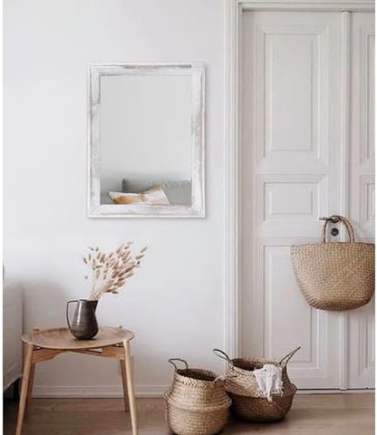 AAZZKANG Mirrors for Wall Rustic Wood Framed Hanging Mirror 20"x16" Decorative for Farmhouse Bedroom Bathroom Living Room Entryway Hallway White
