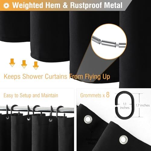 BTTN 48x72 Linen Textured Waterproof Thick Fabric Shower Curtain Set, Black