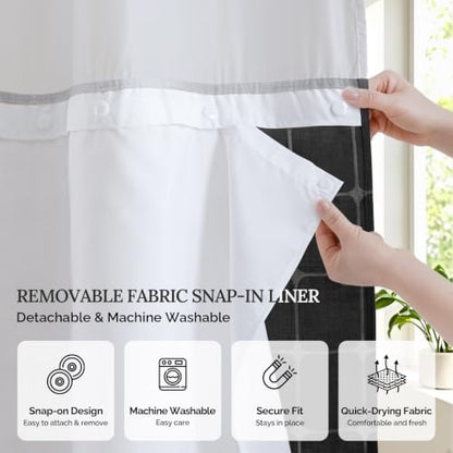 RiverDream Farmhouse No Hooks Shower Curtain with Snap-in Liner,Black,71x74