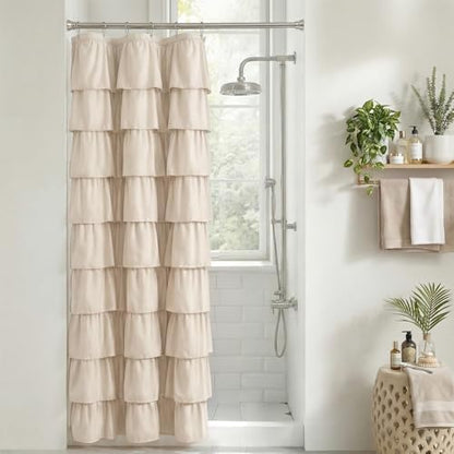 Seasonwood Small Beige Ruffle Shower Curtain Natural Farmhouse, 36"x72"