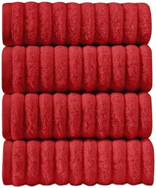 Elegant Comfort Luxury 100% Turkish Cotton Corduroy Ribbed 4 Pack Hand Towel Set 16 x 28 Inch - Absorbent, Super Soft, Quick Dry, Premium Towels for Bathroom, Gym, Spa and Hotel Use, Red