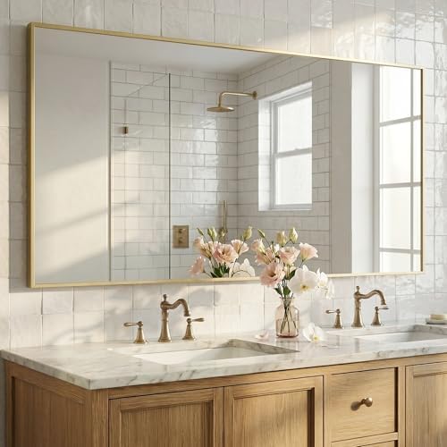 60"x30" Satin Gold Wide Bathroom Wall Mirror for Double Vanity
