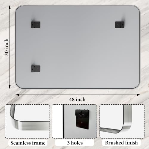 48X30 Inch Silver Metal Framed Bathroom Mirror for Wall,HD Tempered Glass