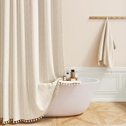 BTTN 72 x 90 Boho Linen Heavy Duty Cloth Shower Curtain Set, Cream/Beige