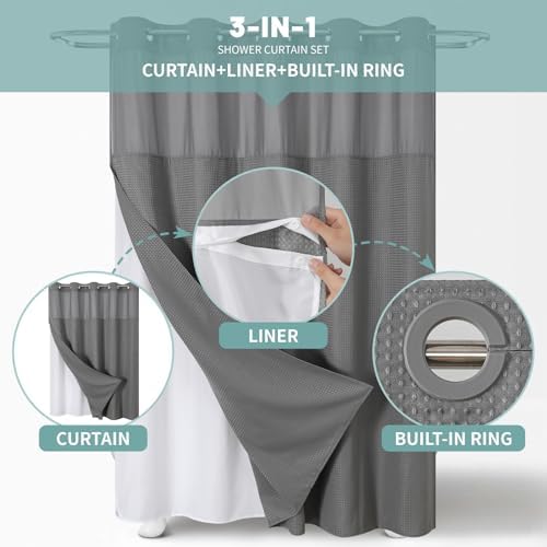 eachope No Hook Waffle Shower Curtain with Snap-in Liner, 36x74 Inch, Grey