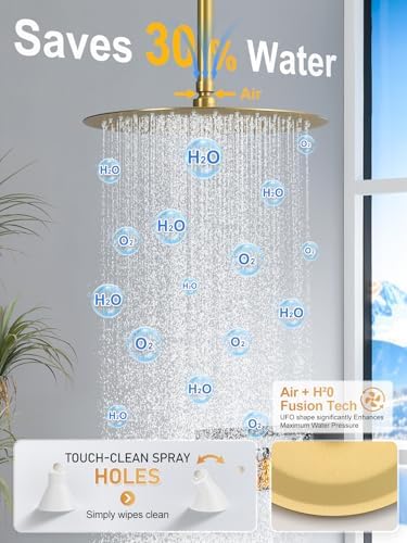 Woindo Shower Faucet Set with Slide Bar, 12" Rain Shower Head/8'' Side Shower Head and 10 Setting Handheld Ceiling Mount 3 Push Button Diverter Complete Rainfall Shower System Included Valve Trim Kit