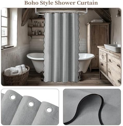 BTTN 48x72 Boho Scalloped Linen Textured Cloth Shower Curtain, Grey/Gray