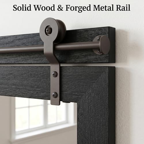 27"x49" Black Wood Grain Barn Door Wall Mirror with Wood Header