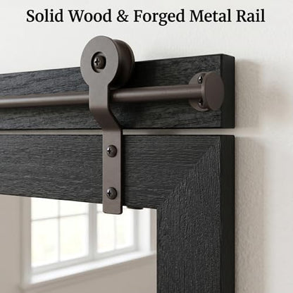 27"x49" Black Wood Grain Barn Door Wall Mirror with Wood Header
