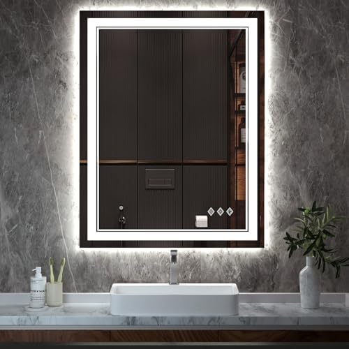 LED Mirror, 28x36 Inch Gradient Front and Backlight Lighted Mirror, 3 Colors Dimmable CRI>90 Double Lights, IP54 Enhanced Anti-Fog, Hanging Plates Wall Mount LED Bathroom Mirror