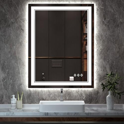 LED Mirror, 28x36 Inch Gradient Front and Backlight Lighted Mirror, 3 Colors Dimmable CRI>90 Double Lights, IP54 Enhanced Anti-Fog, Hanging Plates Wall Mount LED Bathroom Mirror