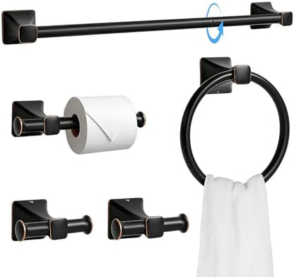 SUS304 Stainless Steel Bathroom Hardware Set, 5-Piece Matte Black Wall Mounted Towel Rack Accessories Set, 24 Inch Towel Bar, Towel Ring, Toilet Paper Holder, Towel Hooks, Multipurpose for Bathroom