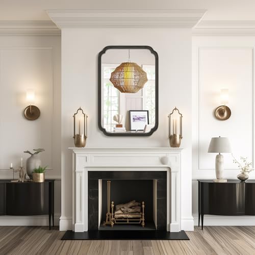 WallBeyond 24" x 36" Rounded Corner Arch Wall Mirror with Wood Frame for Entryway, Living Room or Bedroom Home Decor - Light Woodgrain [24" x 36" Black]