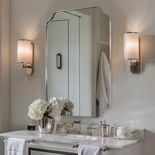 ANDY STAR Chrome Bathroom Mirror, 20x30 Inch Polished Nickel Vanity Mirror, Scalloped Mirror in Rustproof Stainless Steel Thin Frame, Unique Rounded Notched Corners, Ideal for Narrow Bathroom Remodel