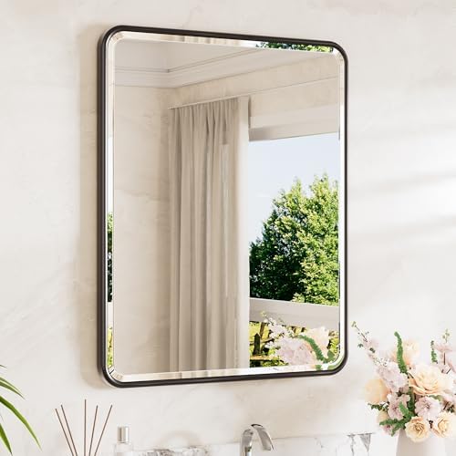 TETOTE Black Bathroom Mirror 24 x 30 Beveled Edge Tempered Glass, Rounded Corner Rectangle Bathroom Mirror for Over Sink for Modern Bathroom, Living Room, Bedroom, Entryway