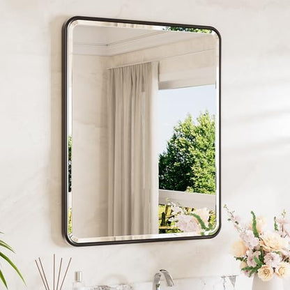 TETOTE Black Bathroom Mirror 24 x 30 Beveled Edge Tempered Glass, Rounded Corner Rectangle Bathroom Mirror for Over Sink for Modern Bathroom, Living Room, Bedroom, Entryway