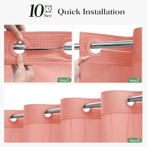 Dynamene Coral Hook Free Waffle Shower Curtain & Snap-in Fabric Liner,72x81