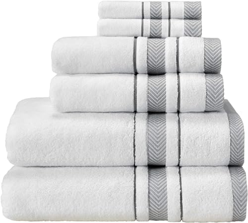 Bath Towels Set for Bathroom – Luxury 6-Piece Cotton Towels, Soft Absorbent & Quick Dry, 600 GSM Bath Towels for Bathroom, Hotel Spa Quality (White/Grey, 6- Bath Towel Set)
