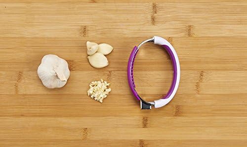 Crisp Garlic Press Rocker - Stainless Steel Garlic Crusher Mincer - Ergonomic Handle Garlic Cloves Grater, Squeezer - Kitchen Gadget Food Grade Chopper, Grinder, Peeler - Easy Clean (White/Purple)