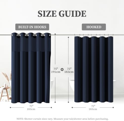 BTTN Navy Blue Ringless Linen Look Shower Curtain with Snap in Liner, 72x75
