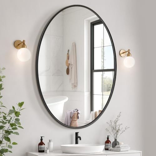 Delma 38x26 Black Oval Bathroom Mirror for Over Sink, Aluminum Frame