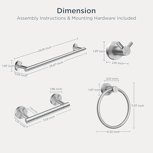 FORIOUS Bathroom Accessories, 8-Piece Bathroom Hardware Set - 24" Towel Bar
