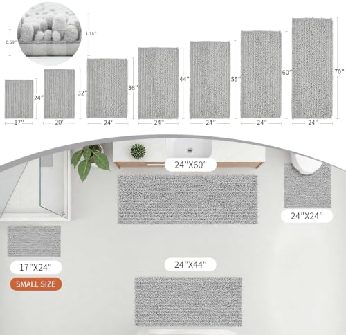 Disolla Silver Bathroom Runner Rug 24x60 Inch - Large Long Chenille Bath Mat, Thick Shaggy Plush Absorbent Floor Mat, Non-Slip Runner for Master Bathroom and Bedside