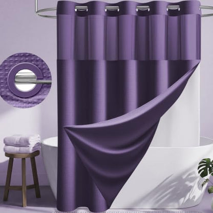 Dynamene Purple Hook Free Waffle Shower Curtain & Snap Fabric Liner,72x75