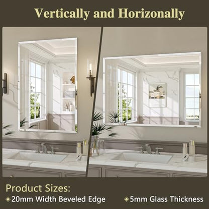 Frameless Bathroom Mirror, 48" x 36" Beveled Wall Mirror